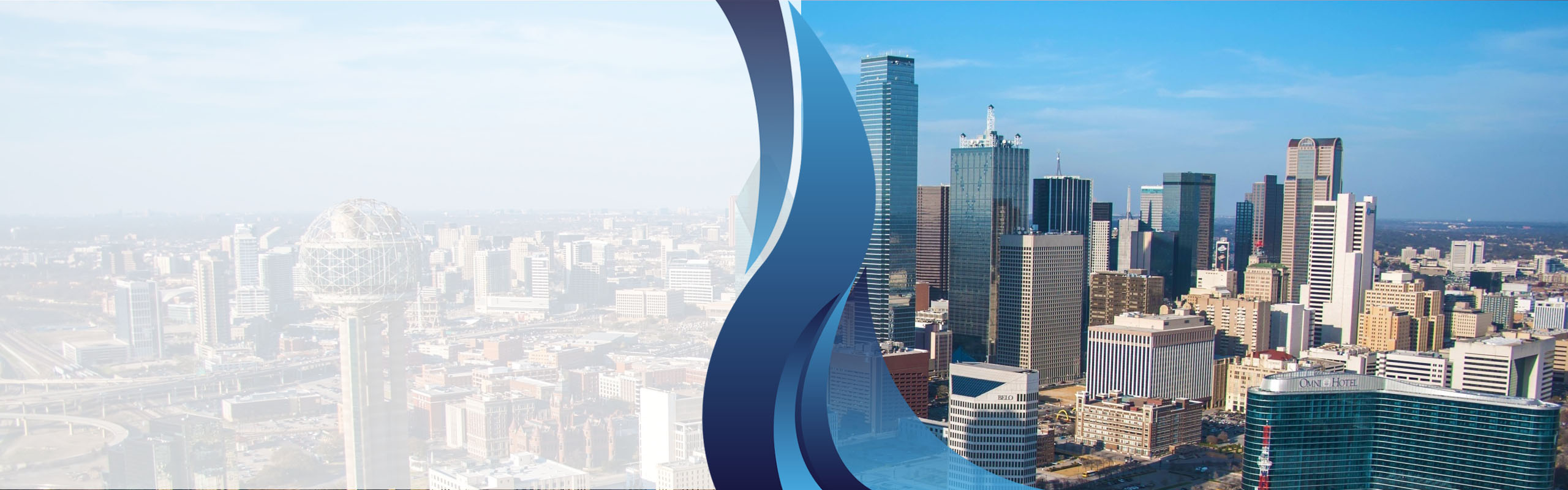An aerial shot of the Downtown Dallas skyline from the perspective of Reunion Tower